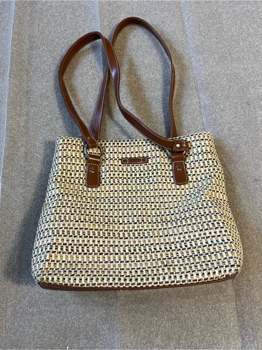 Woven Tote Bag with Brown Leather Straps - Neutral